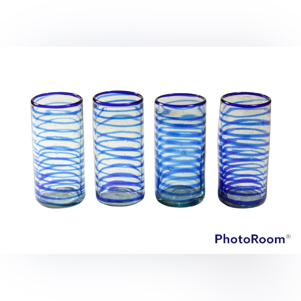 Glass Drinkware Set of 4 in Blue Whirlwind pattern